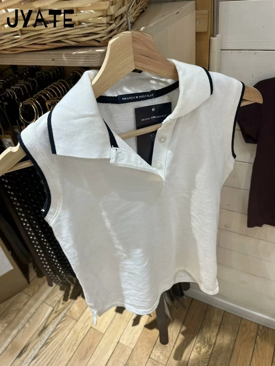 Vintage Turn Down Collar Buttons Tank Tops Women New Cotton Soft Patchwork Sleeveless Vests Chic Sweet Preppy Style Camisole Y2K
