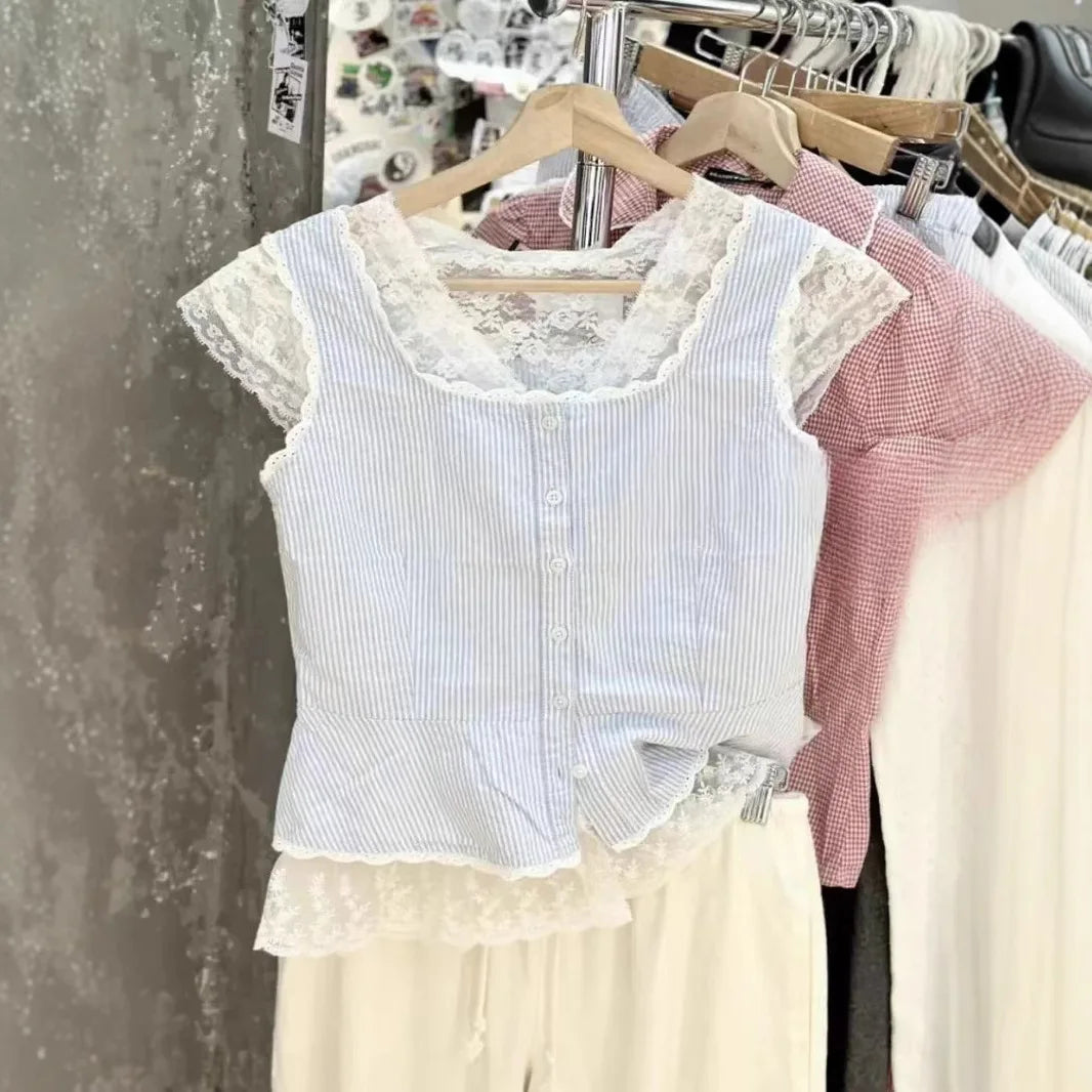 Blue Striped Lace Trim Buttons Tank Top Women Summer New Street Scoop neck Cotton Slim Camis Vintage Cute Sweet Crop Tops Y2K