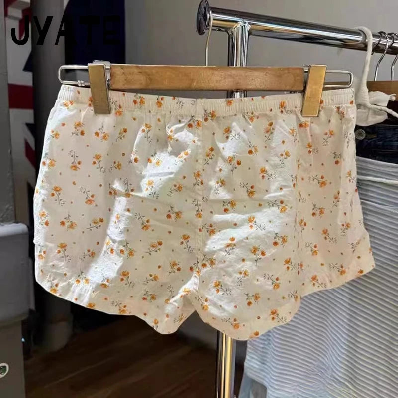 Floral Print Buttons Shorts Pant Women Summer Cotton Simple Elastic High Waist Home Underwear Casual Streetwear Chic Shorts Y2K