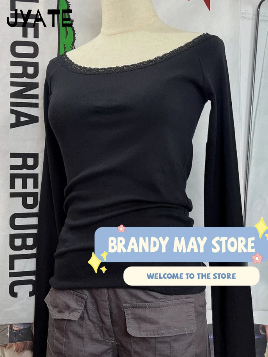 Harajuku Black Lace Trim Long Sleeve Tees Women New Cotton Slash Neck Slim Sexy Tops Femme Vintage Chic Streetwear T-shirts Y2K