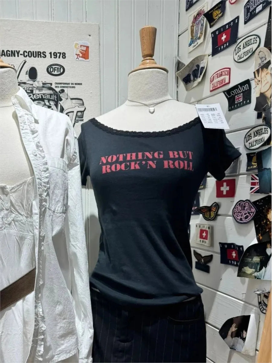 Retro Letter Print T-shirts Women New Casual Cotton Navy Slash Neck Lace Trim Tee Clothes Vintage Sweet Preppy Style TShirt Tops