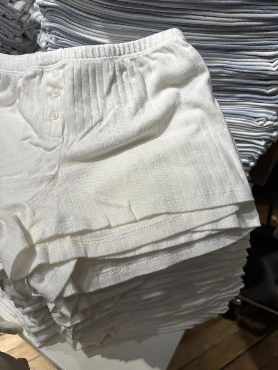 Eyelet White Cotton Shorts Women Summer High Waist Three Buttons Straight Short Pant Home Underwear Sweet Basic Y2K Sweatshorts