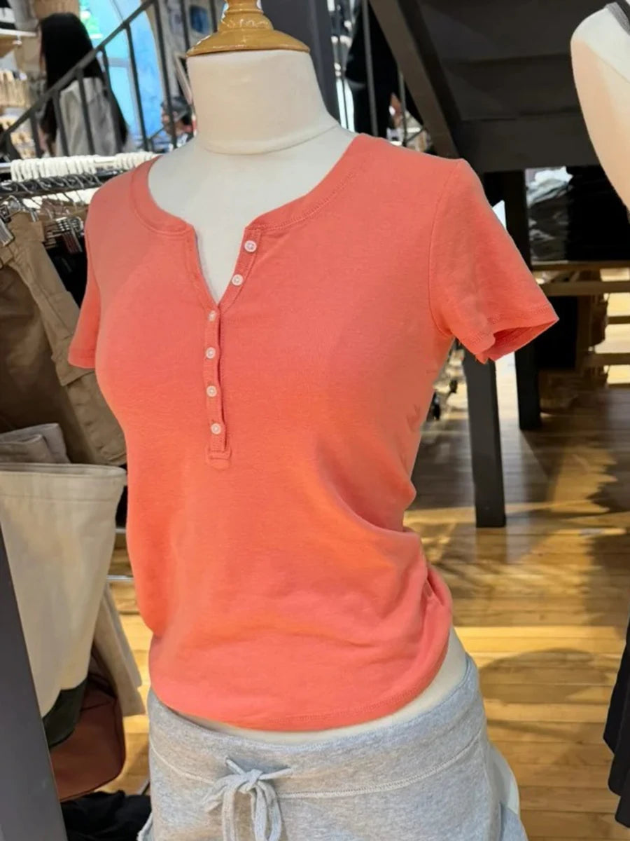 Sweet Six Buttons T-shirts Women Summer OrangeO-neck Cotton Slim Zelly Short Sleeve Tee Tops Casual Simple All-match Tshirts Y2K