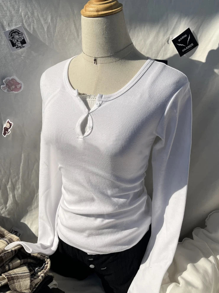 Navy Three Buttons Ribbed Long Sleeve T-shirts Women Soft O-Neck Tshirt Top Female Vintage Cute Preppy Style Y2k Streetwear Tees