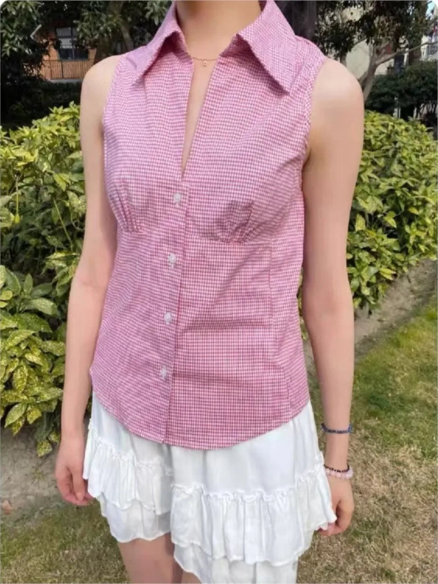 Pink Striped Blouse T-shirts Women Summer Casual Slim Turn-down Collar Sleeveless Tees Cute Sweet Preppy Style Y2K Crop Tops New