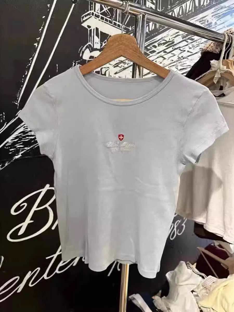 Girls and Cats Embroidery Slim T-shirt Women New Cotton Round Neck Short Sleeve Tees Sweet Preppy Style Cute Top Y2k T shirts