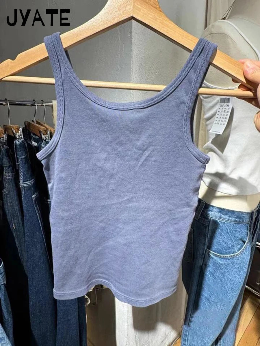 Litter Bear Embroidery Cute Cropped Vests Women New Navy Blue Cotton U-neck Slim Camisole Vintage Harajuku Chic Tank Tops Y2K