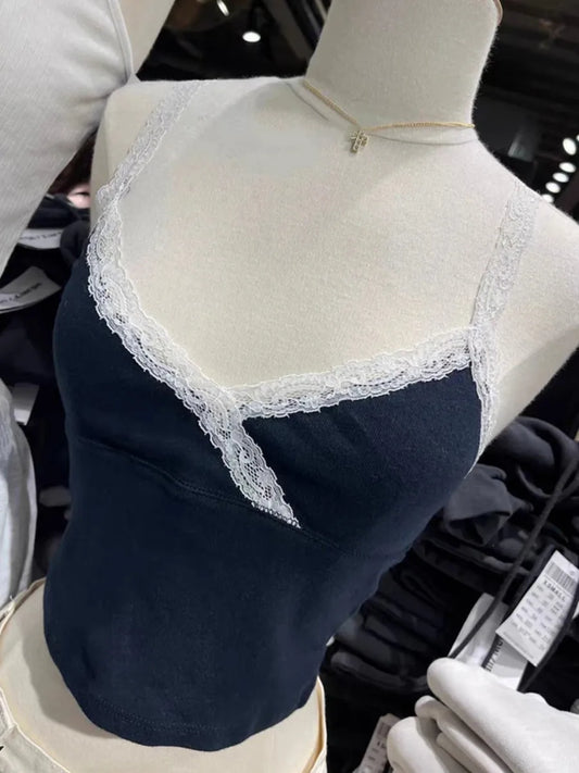 Lace Patchwork Slim V-neck Tank Tops Women New Cotton Streetwear Sexy Fairycore Camisole Female Cute Vintage Chic Y2K Crop Vests