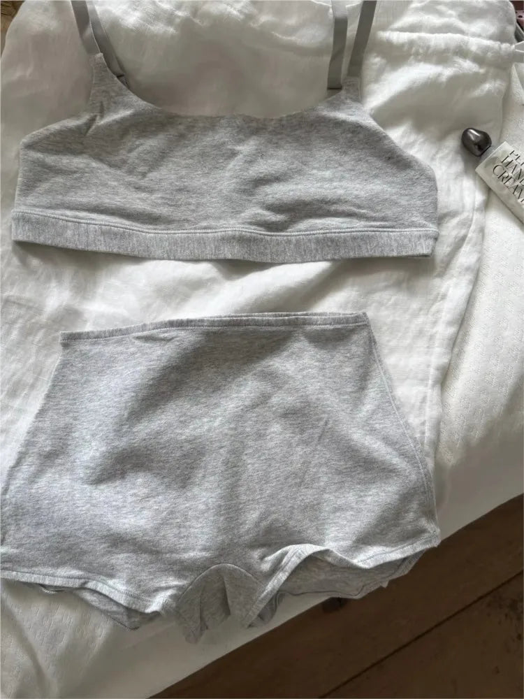 Simple High Elasticity Lingerie Sport Set Women Casual Cotton Adjustable-strap Seamless Bras+Low Waist Boxer Chic Briefs Sets