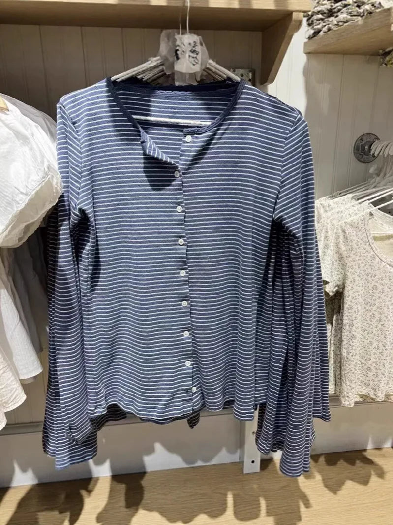 Gray Striped Eyelet Slim T-shirt Women Preppy Style O-neck Single Breasted Cotton Long Sleeve Tee Shirts Cute Vintage Sweet Tops