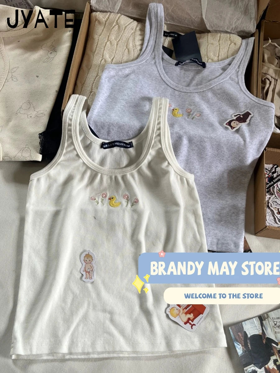Cute Duck Daisy Embroidery U-neck Tank Tops Women New Cotton Casual Preppy Style Sleeveless Vest Sweet Vintage Chic Camisole Y2K