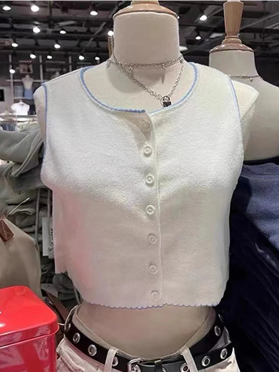 Sweet White Cotton Single Breasted Tank Tops Women Casual Simple O-neck Knit Vests Clothes Female Vintage Slim Chic Crop Top Y2K