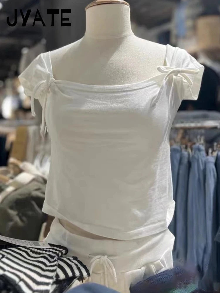 New Sweet Pink Cotton Crimping Short Sleeve Tees Women Summer Casual Simple Square Collar Crop Tops Vintage Basic Y2K T-shirts