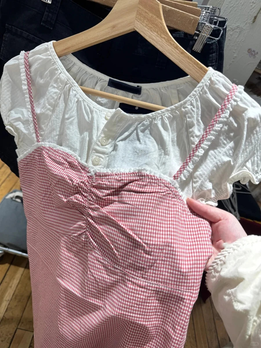 Pink Plaid Lace Trim Slim Tank Tops Woman Summer Cute Bow Folds Strapless Camisole Female Casual Vintage Sweet Vest Y2K Top New