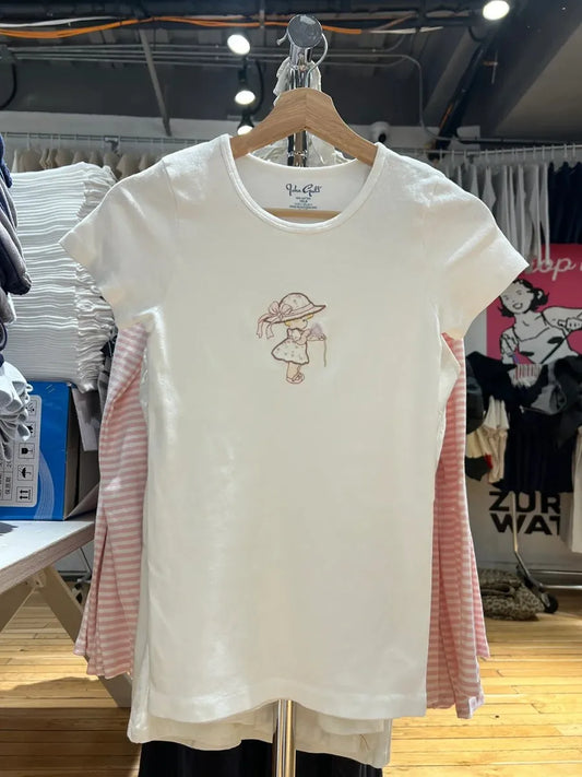 New Cute Little Girl Embroidery T-shirt Woman O-Neck Slim Short Sleeve Cotton Tees Tops Spring Casual Sweet Y2K Tshirts
