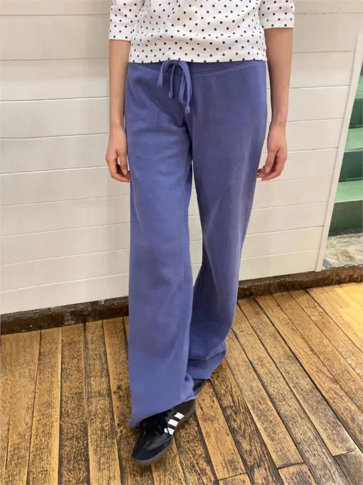 Navy Velvet Drawstring Sweatpants Woman Spring Raw Hem Straight Yoga Long Pants Female Vintage Streetwear Cotton Fleece Trousers