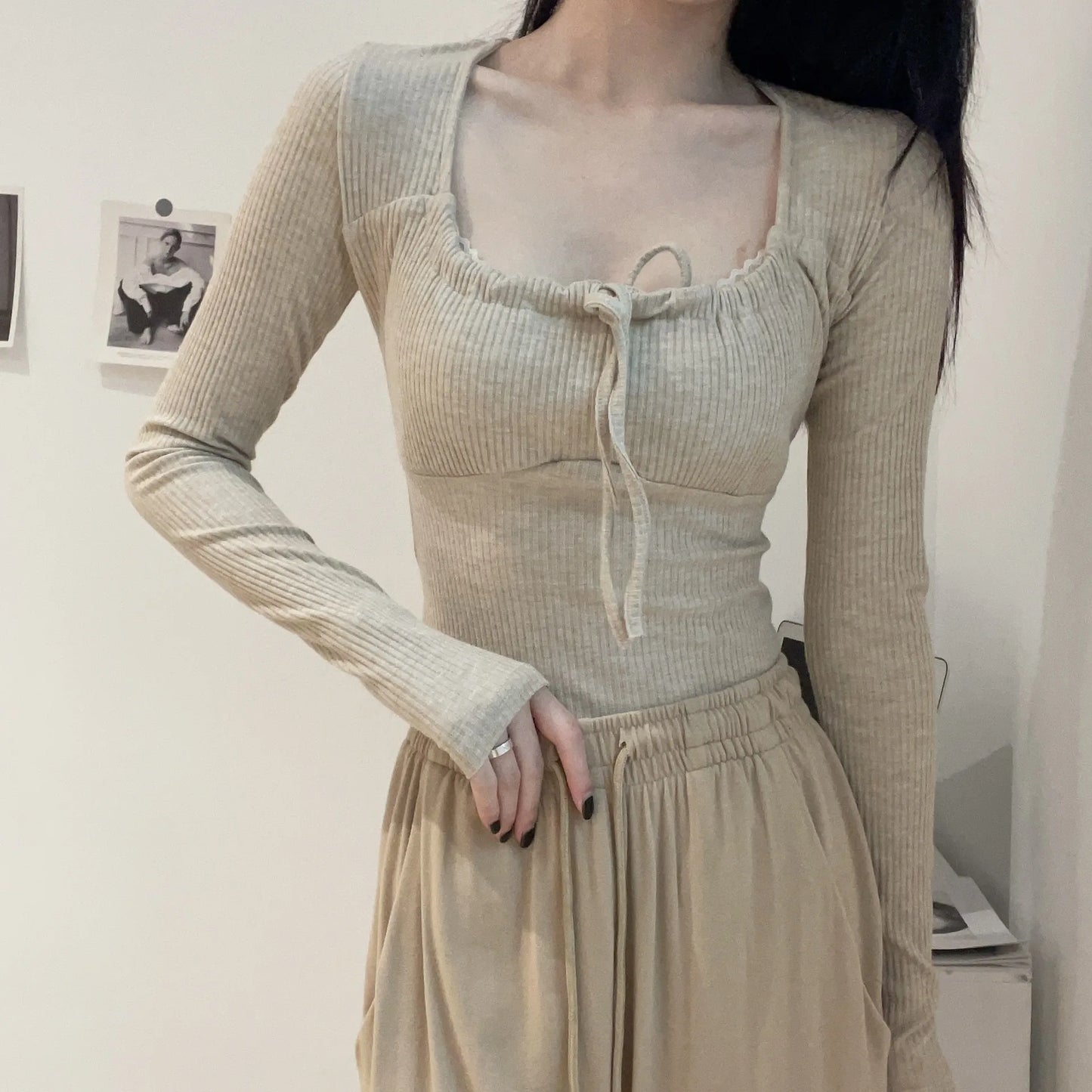 Sweet Lace-up Long Sleeve Tees Women New Casual Slim Solid Scoop Neck Streetwear Top shirt Vintage Preppy Style Cute T-shirt Y2K