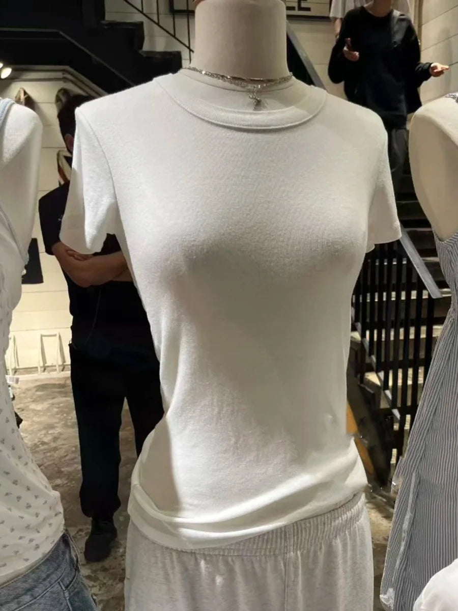 Solid O-neck Short Sleeve Tees Women Summer Casual Slim Simple Basic Cotton Soft T-shirts Preppy Style All-match Tops Y2K