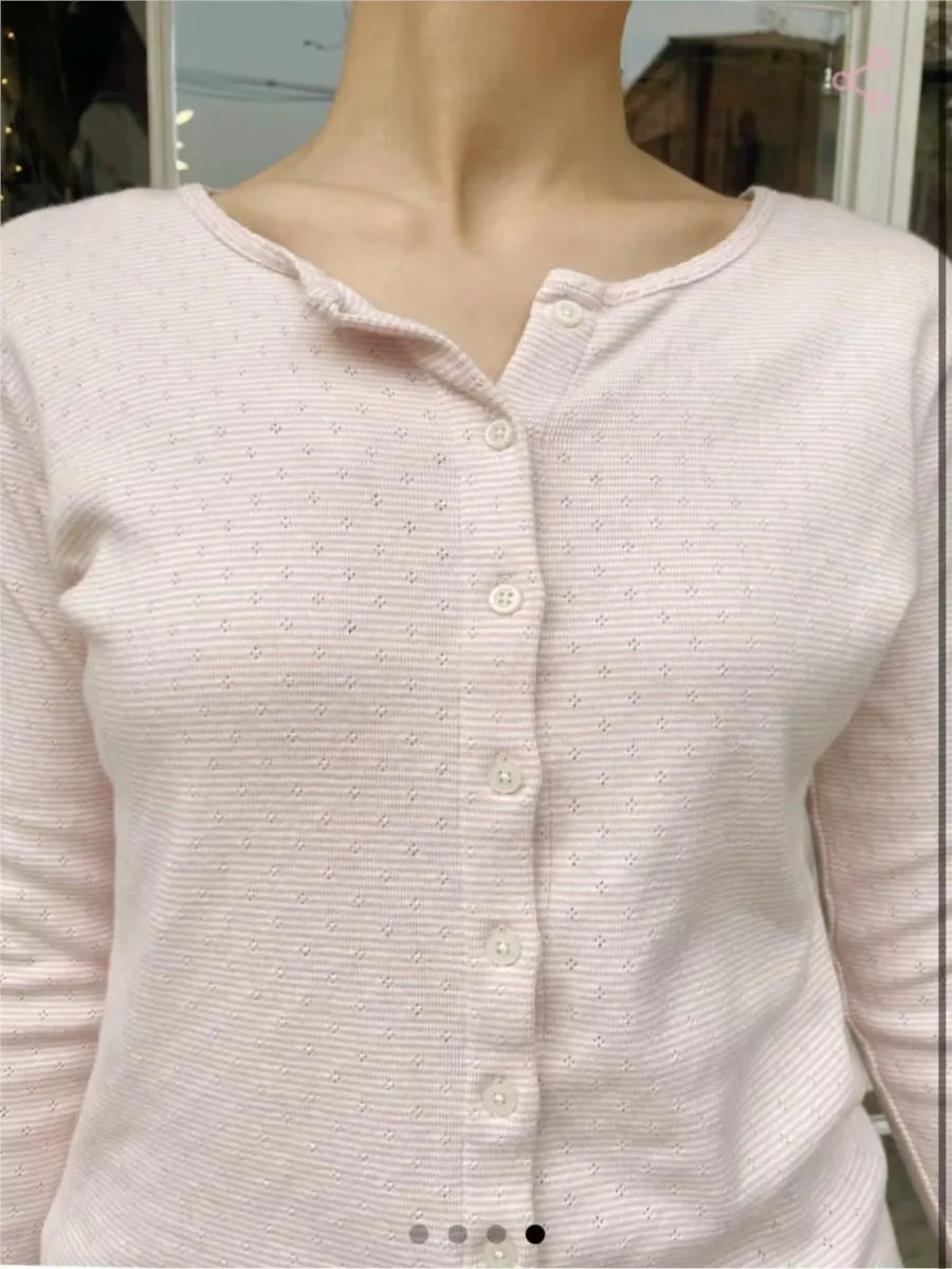 Sweet Pink Eyelet Slim T-shirt Women New O-neck Single Breasted Cotton Soft Long Sleeve Tee Shirts Cute Preppy Style Basic Tops