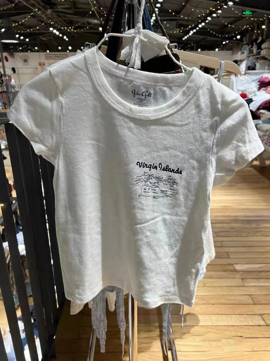 Letter Print Cotton Short Sleeve Tee Women Casual O-neck Streetwear American Tops Female Fashion Sweet Vintage Chic Y2K T-shirts