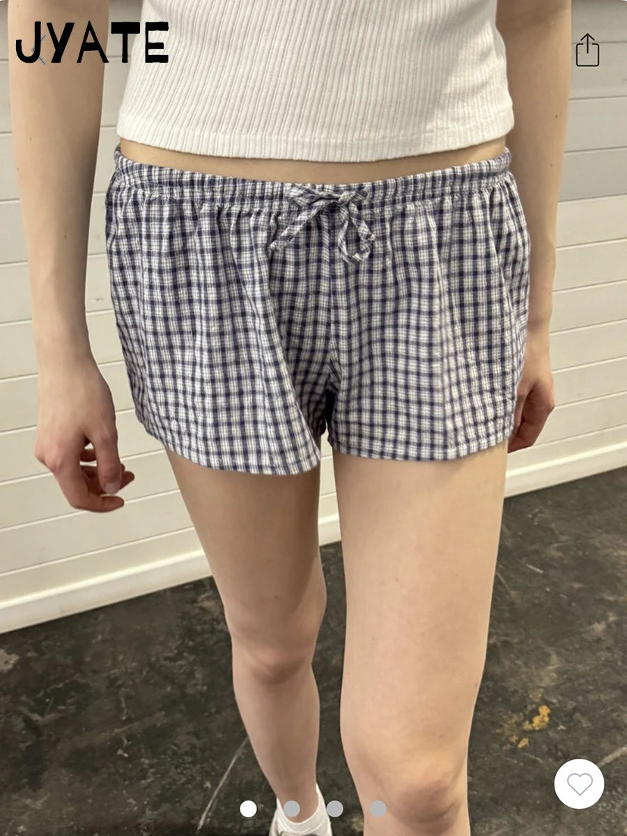Lace Trim Navy Plaid Tank Shorts 2 Piece Sets Women New Buttons Lace-up Camis+Drawstring Sweatshorts Vintage Chic Sweet Home Set
