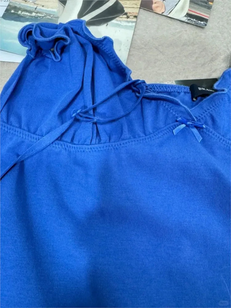 Electric Blue Ruffle Dress Women Summer Casual Slim V-neck Cotton Dresses Sweet Preppy Style Sleeveless Vestidos Y2K