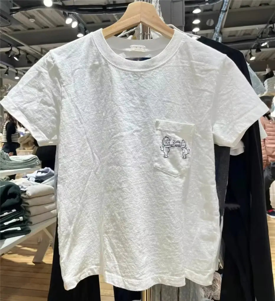 Angel Embroidery Pocket T-shirts Women Summer Casual Streetwear Cotton O-neck Short Sleeve Tees Sweet Cute Preppy Style Tshirts