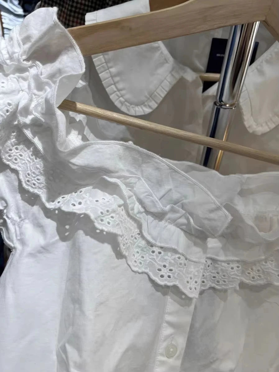 Lace Trim Ruffles Floral Embroidery Tees Blouse Woman Summer Cotton Slash Neck Short Puff Sleeve Shirts Sweet Cute White T-shirt