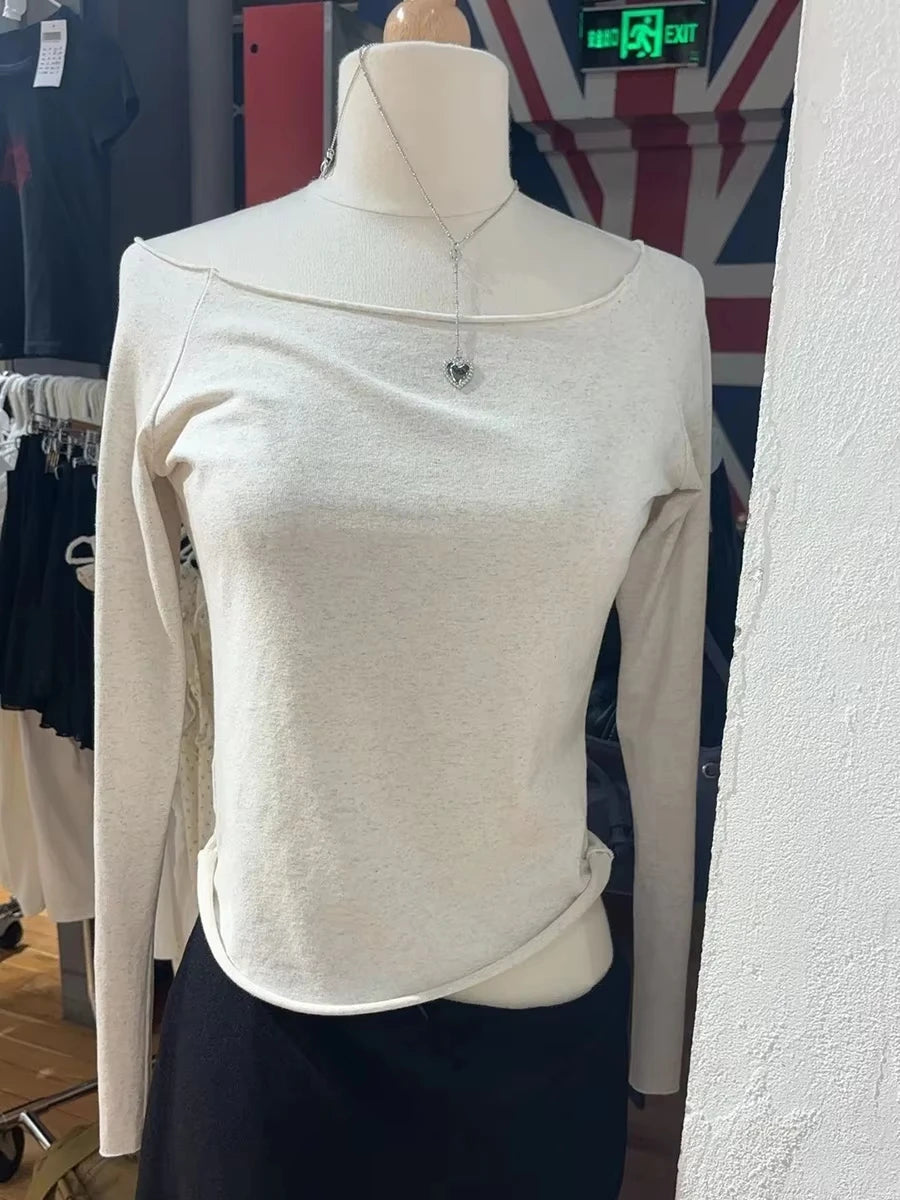 Red Slim Long Sleeve Tee Women Spring Simple Basic Slash Neck Casual Raw Hem Cotton Tops Female Vintage Chic Red Y2K T-shirts