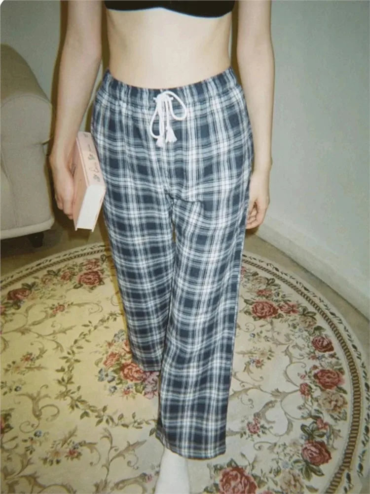 Vintage Plaid Drawstring Sweatpants Women New Cotton Elastic Waist Straight Baggy Comfort Pants Casual Sweet Sports Trousers Y2K
