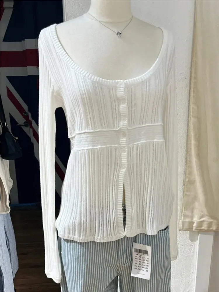 Sweet Knit Slim Long Sleeve T-shirt Women Spring New O-neck Single Breasted Cotton Hollow Out Tees Simple Casual T Shirt Y2K Top
