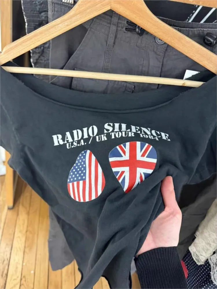 American Flag Letter Print Crop Top Woman New Raw Hem Slash Neck Cotton Short Sleeve Tees Vintage Simple Cute T-shirts Tops Y2k