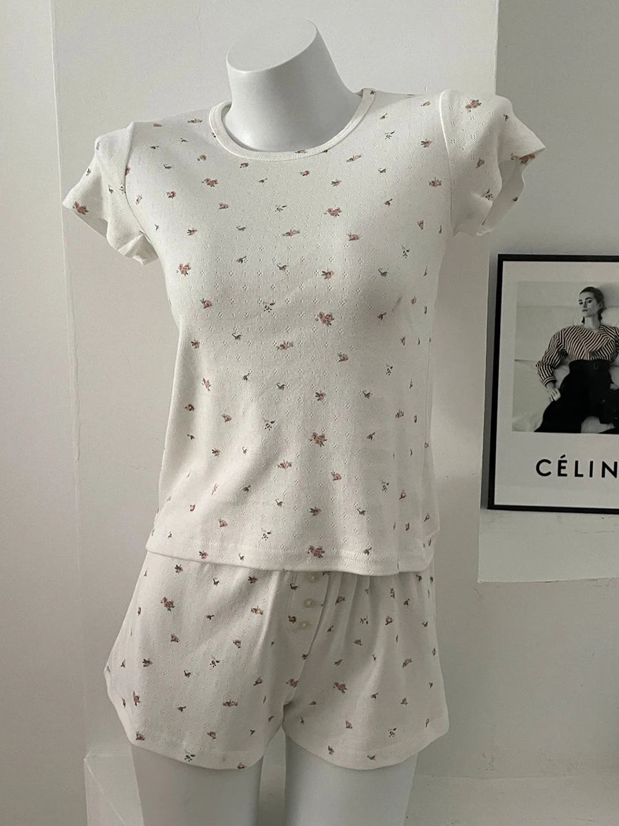 Eyelet Floral Print T-shirt Shorts Outfit Women Cotton O-neck Slim Tees +Buttons Straight Sweatshort Sweet Home 2 Pieces Set New