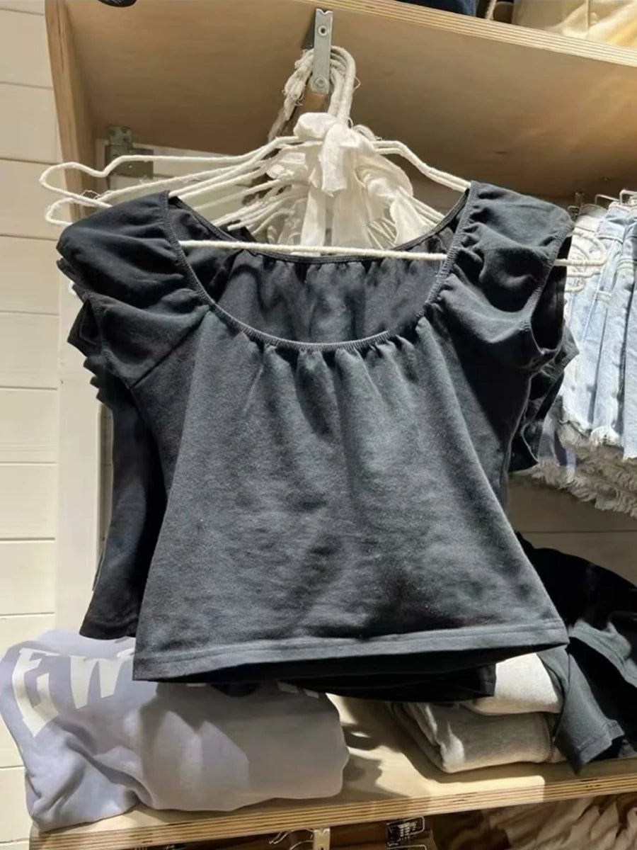 Sexy Green Floral Print Square Collar Crop Tops Women Casual Simple Slim Cotton Short Sleeve Tee Chic Sweet Vintage T-shirts Y2K