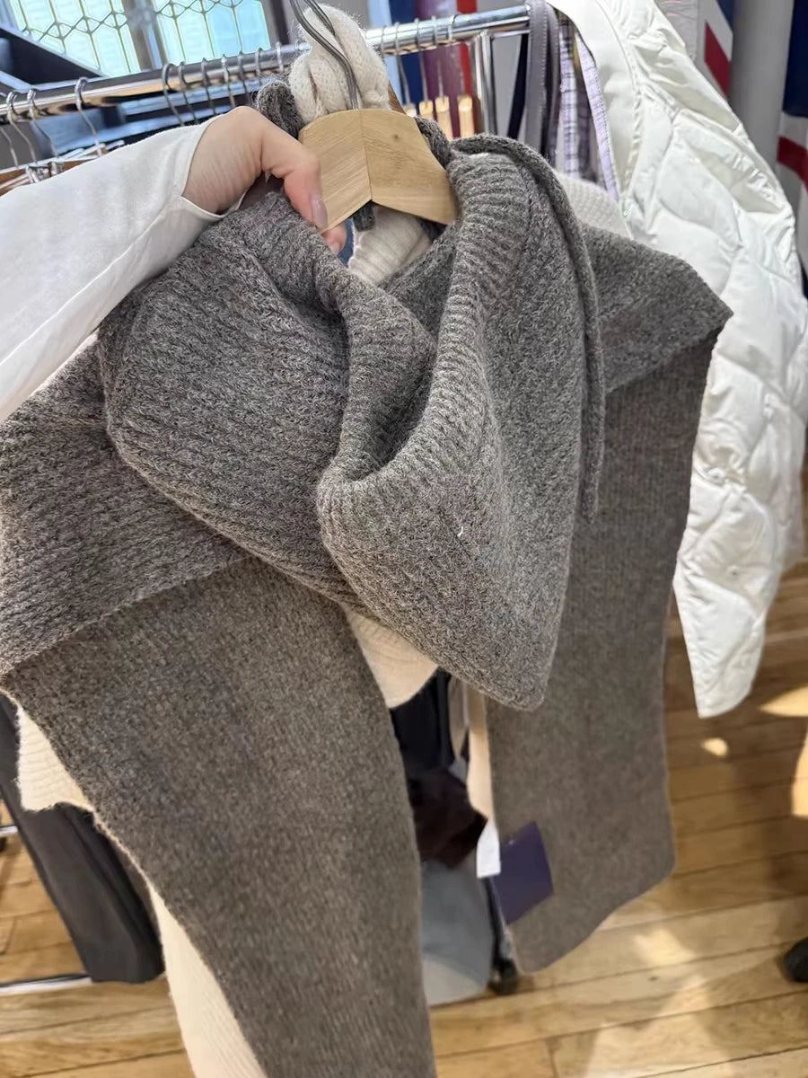 Solid Hooded Scarf Women Spring Winter Casual Lace-up Unisex Thick Warm Long Scarves Vintage Chic Preppy Style Knitted Scarf y2k