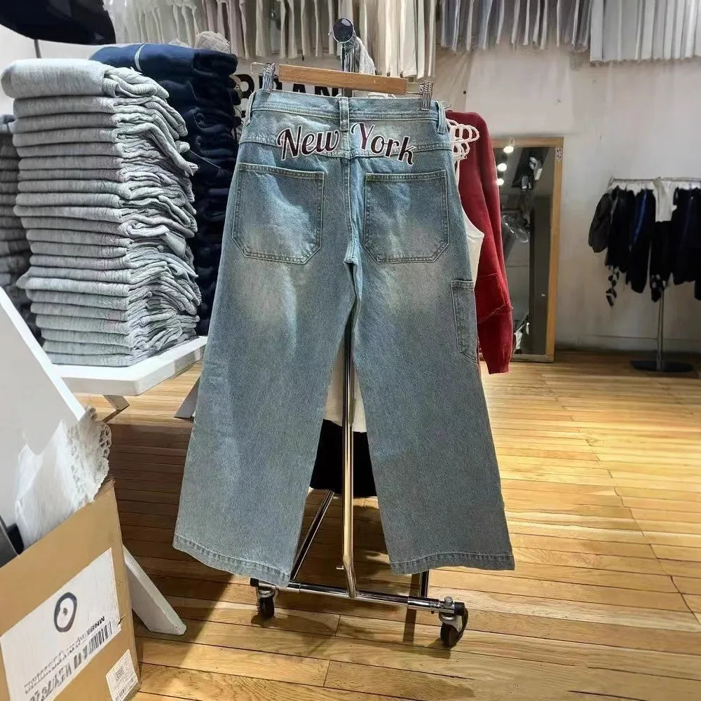 Vintage Back Letter Print Jeans Women Summer High Waist Pockets Straight Baggy Trousers Streetwear Loose Retro Y2K Denim Pants