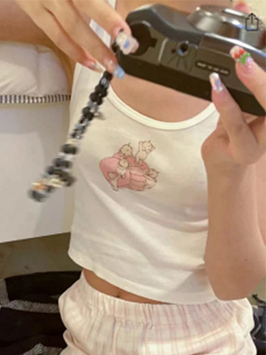 Sweet Angel Print Slim Crop Vests Women Cotton Casual Streetwear Chic Sleeveless Tank Tops Female Cute Chic Vintage Y2K Camisole