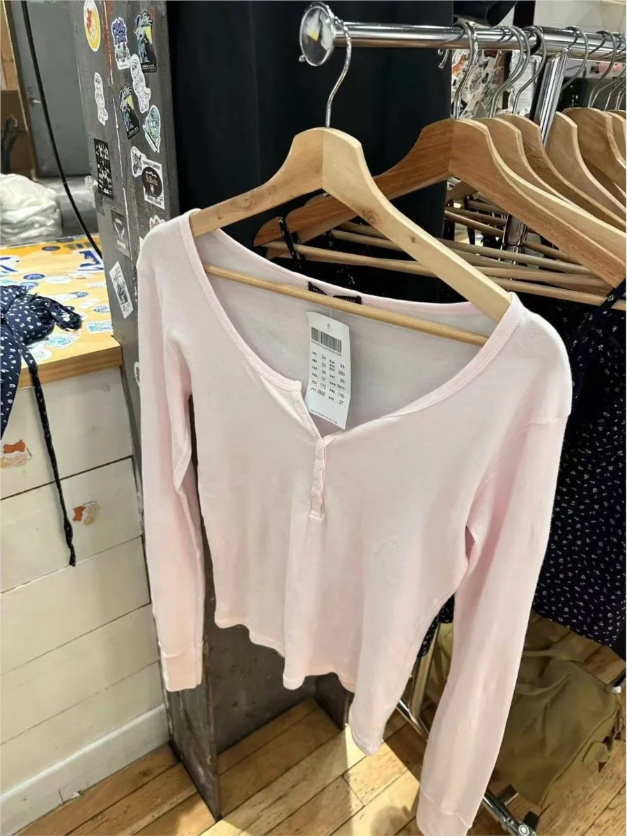 Sweet Pink Thin Long Sleeve Tees Women New Casual Cute O-neck Clean Girl fit Tshirt Top All-match Simple Streetwear T-shirts Y2K