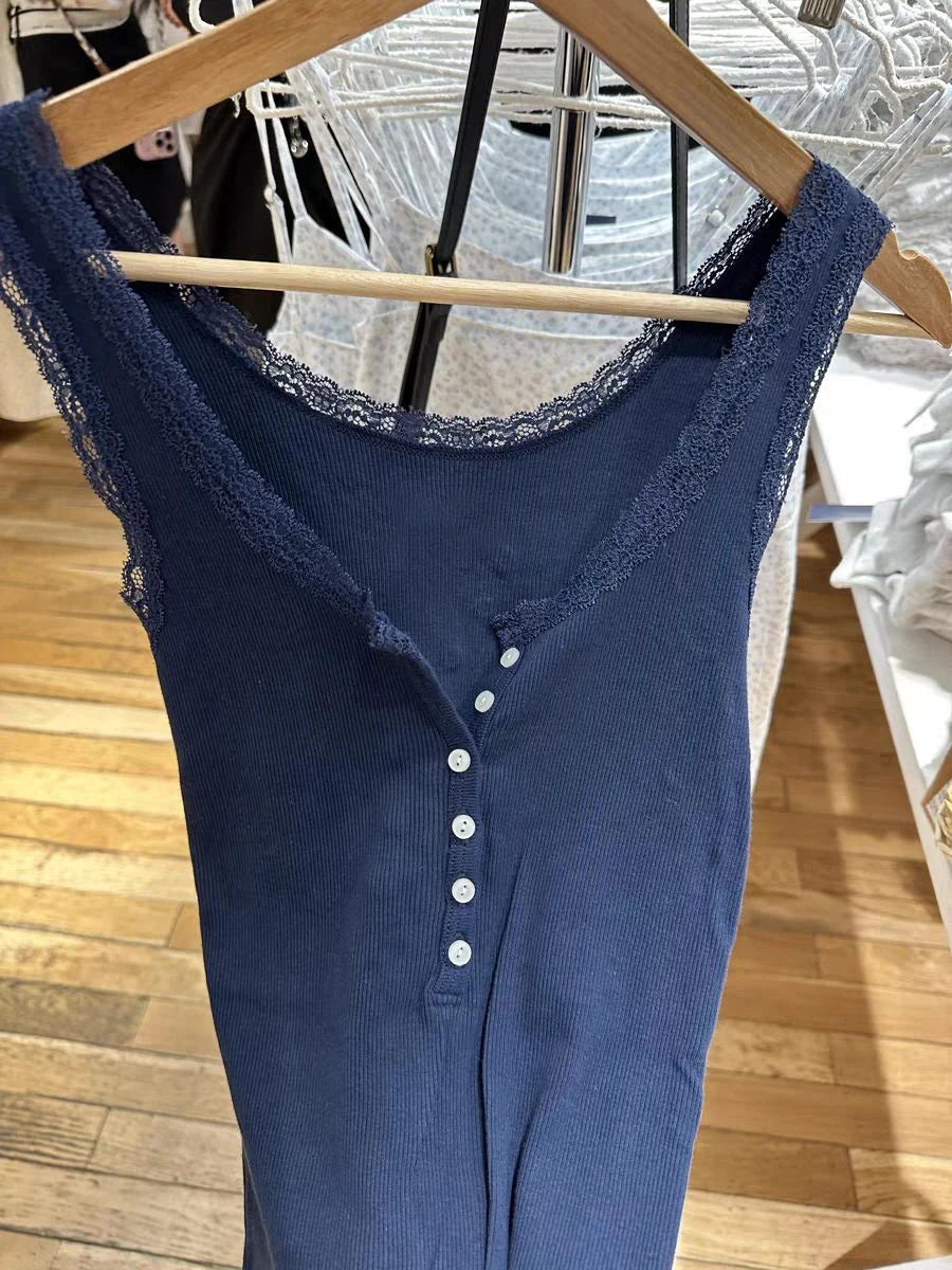 Lace Trim Slim Ribbed Tank Top Women Spring Buttons Cotton Solid U Collar Sleeveless Camis Sweet Simple Basic Chic Vest Tops Y2K
