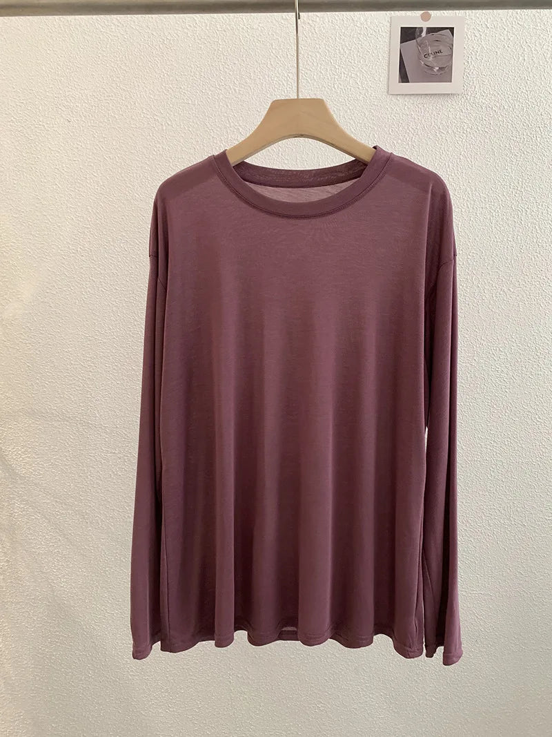 Sweet Thin Sun Protection T-shirts Women Summer Casual Streetwear Lyocell O-neck Long Sleeve Tees Chic Preppy Style Tops Y2K New