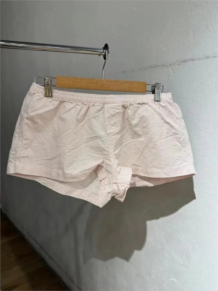 Sweet Pink Striped Button Short Pants Women Summer Cotton Loose Casual Elastic High Waist Home Underwear Cute Vintage Y2K Shorts