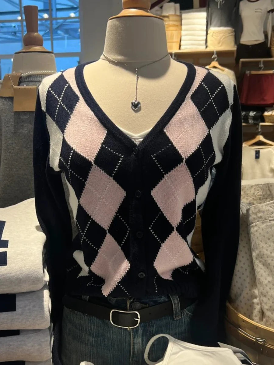 Diamond Jacquard Button Sweater Coat Women Autumn New Casual Slim Cotton O-neck Casual Jumper Tops Sweet Preppy Style Cardigan