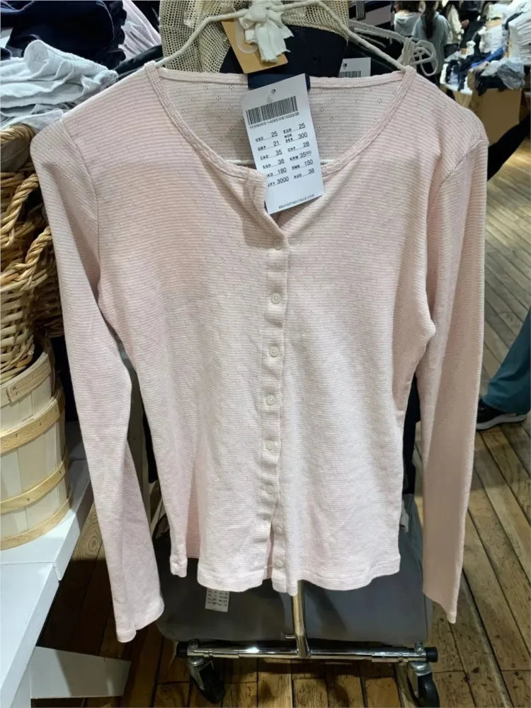 Pink Eyelet Slim Long Sleeve T-shirts Women Preppy Style O-neck Single Breasted Cotton Tee Shirts Sweet Cute Vintage Tops