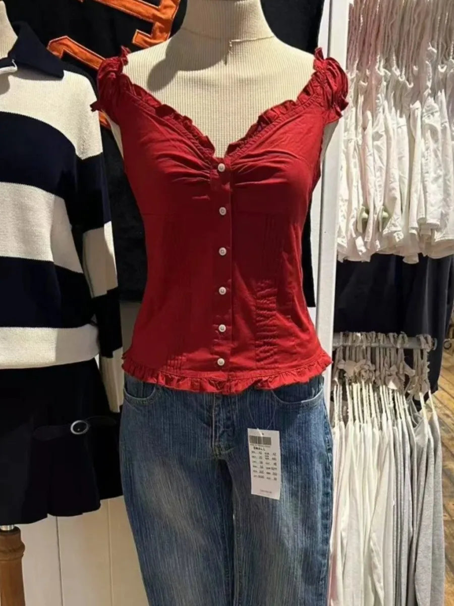 Vintage Red Folds Blouse Top Women Casual Single Breasted Ruffle Sleeveless Tank Tops Vest Girls Sweet Preppy Style Camisole Y2K