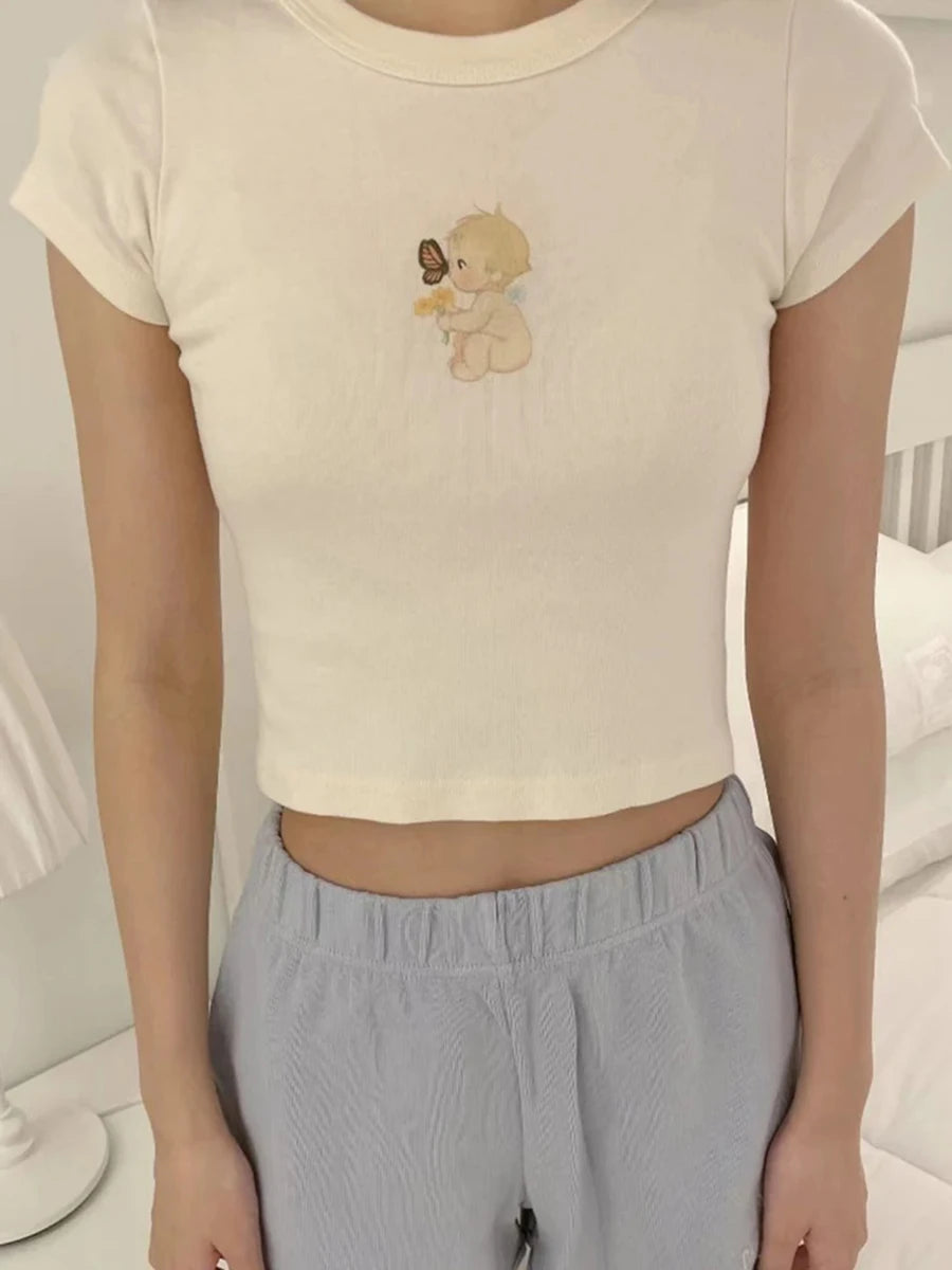 Sweet Angel Bear Print Pink Crop Tops Women New Cotton O-neck Casual Slim Cropped Tees Shirt Cute Preppy Style Chic T-shirts Y2K