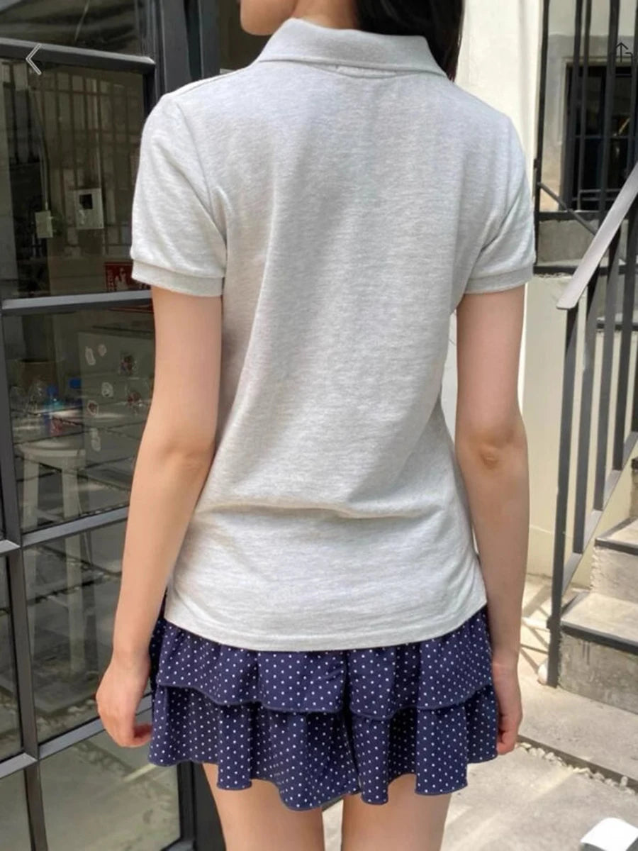 Bow Cat Embroidery Polo T-shirt Women Summer Gray Cotton Turn Down Collar Short Sleeve Tees Vintage Sweet Preppy Style T Shirt