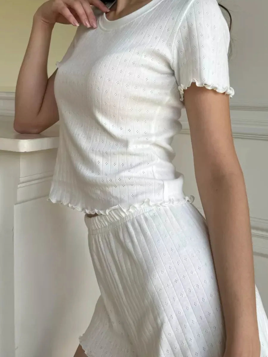 White Sweet Eyelet Short Sleeve T-shirt Shorts Set Women Casual Home Pajama 2 Piece Sets Slim Tees+Elastic Straight Sweatshort