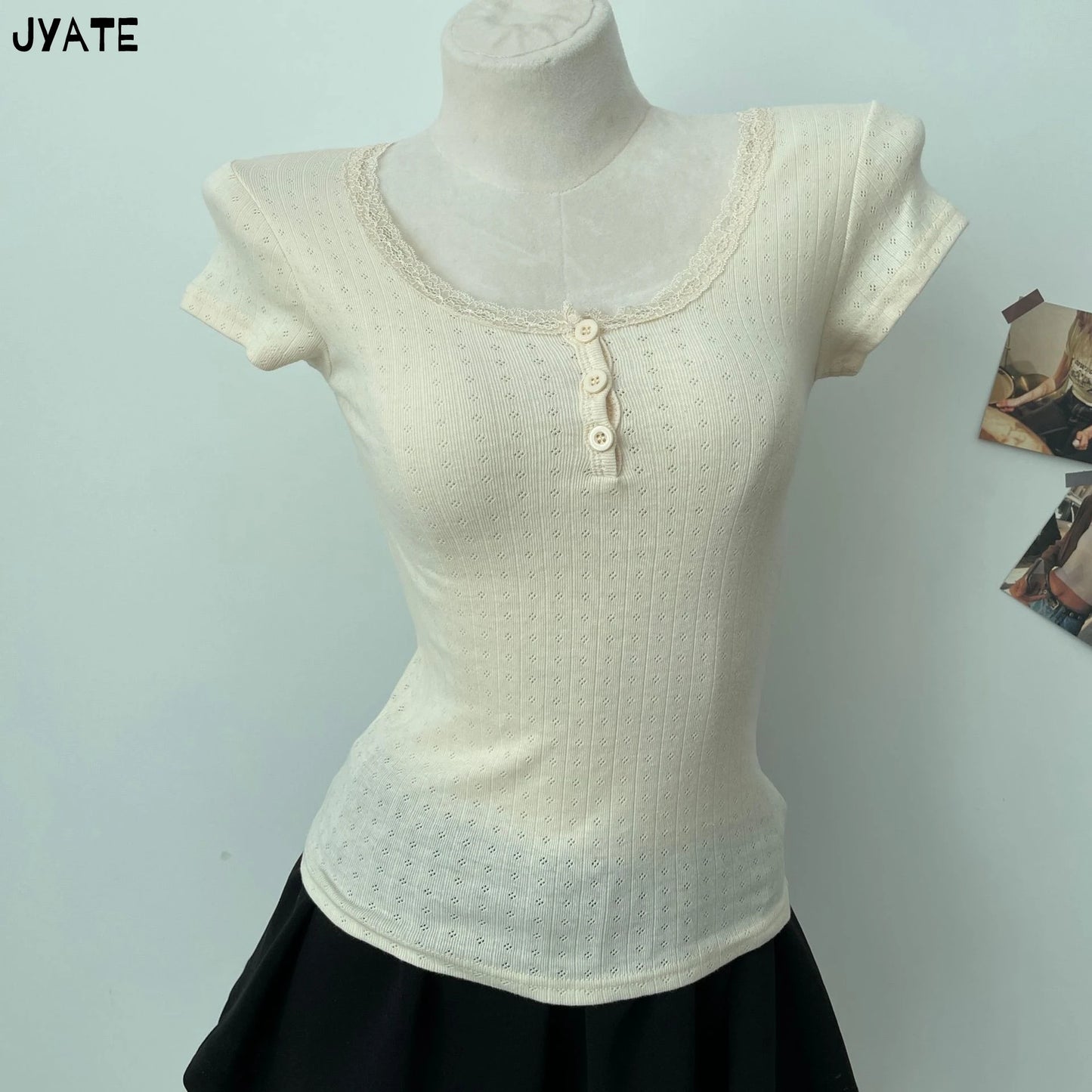 Eyelet Lace Trim Buttons Short Sleeve Tees Women New Casual Slim Streetwear Tops Femme Sweet Vintage Preppy Style T-shirts Y2K