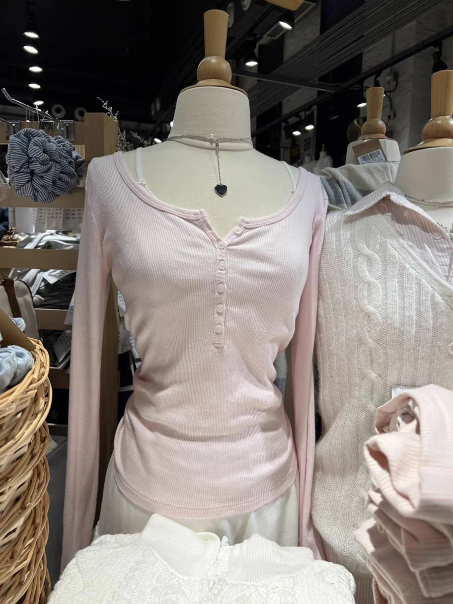 Pink Six Buttons Ribbed Long Sleeve T-shirts Women Spring Round Neck Cotton Slim Tee Top Female Cute Sweet Tshirt Y2k Tops New