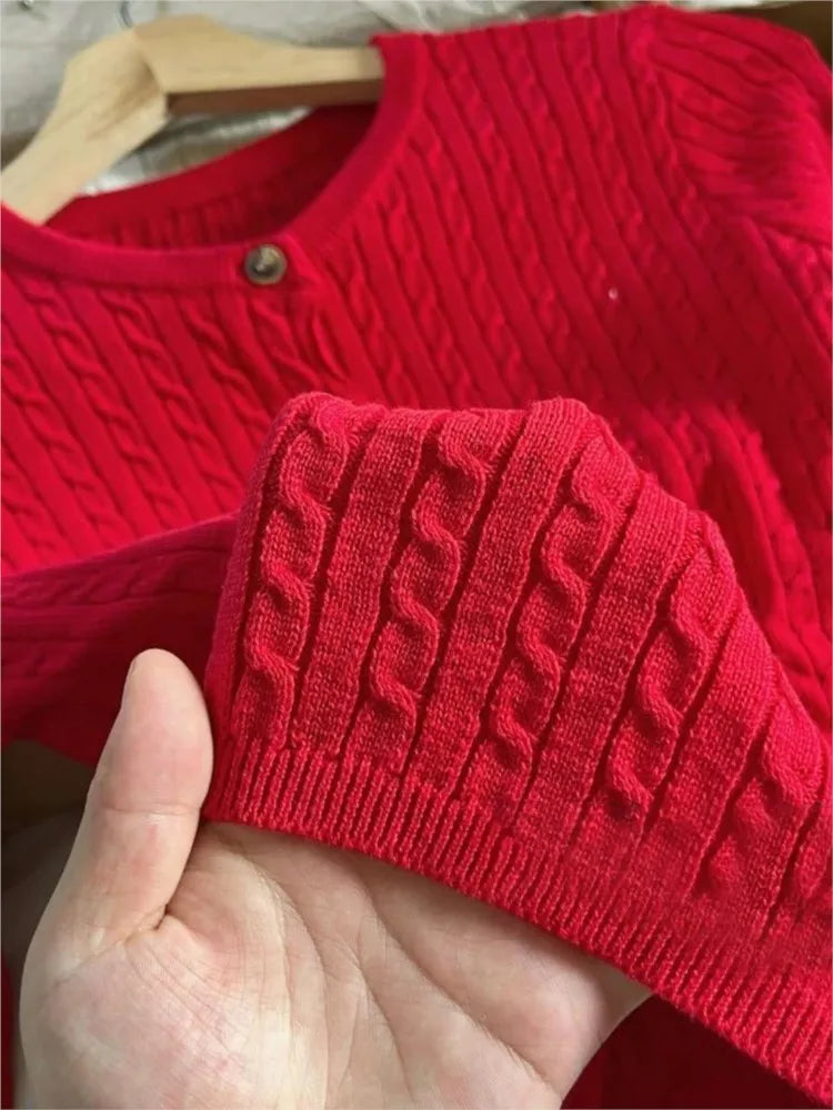 Twist flower Knitted Sweater Cardigan Crew Neck Single Breasted Long Sleeve Slim Coat Vintage Streetwear Simple Crop Top Y2K
